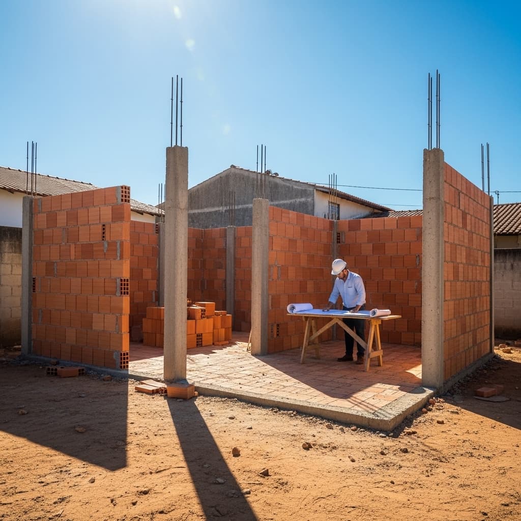 Engenheiro analisando planta em uma mesa técnica