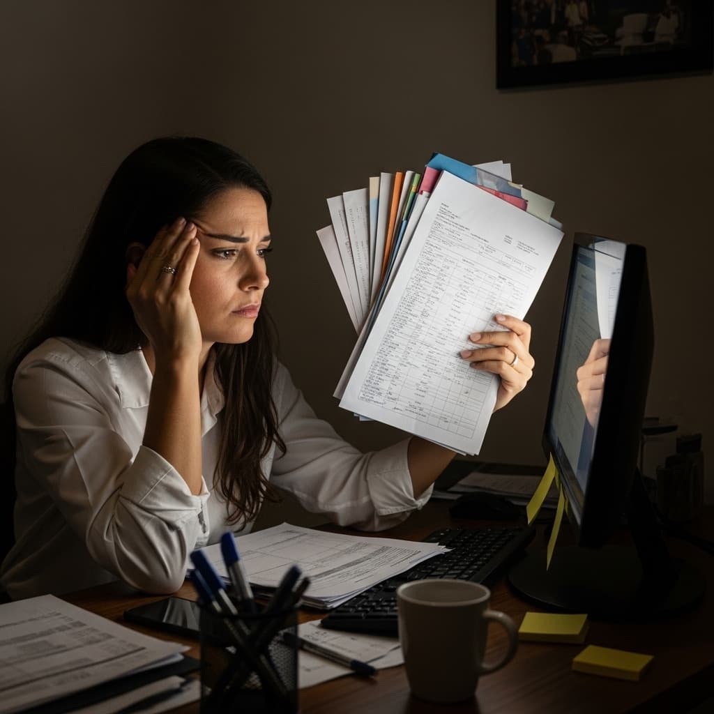 Profissional em escritório analisando documentos com preocupação por falta de previsibilidade